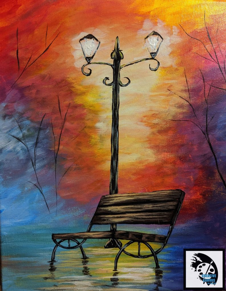 Bench and Light Post Painting by Creative Canvas On the Go Painting Parties Kalispell