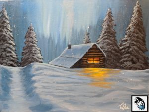 Creative Canvas Winter Cabin painting for Glacier Sun Winery Painting Party 1/22/20 in Kalispell