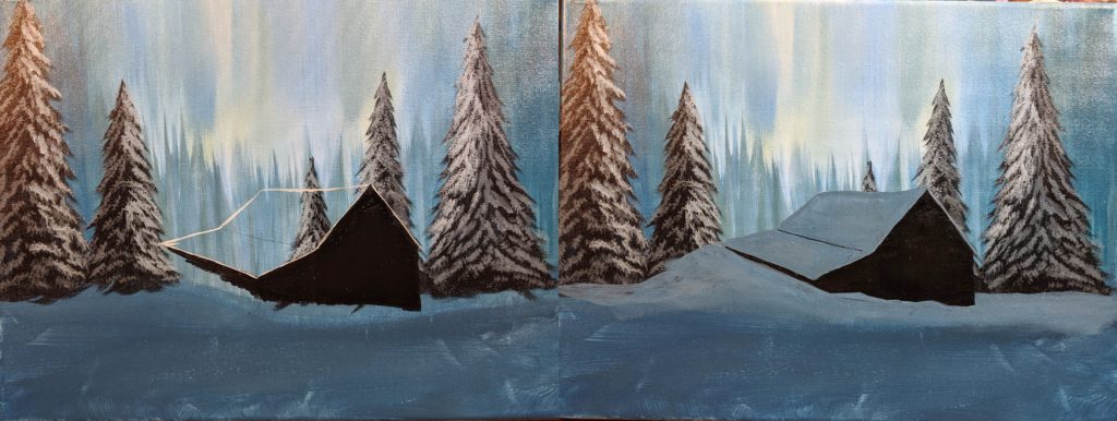 This image has an empty alt attribute; its file name is Cabin-Shadows-and-shadowed-snow-on-roof-Snowy-Cabin-painting-tutorial-for-beginners-1024x386.jpg