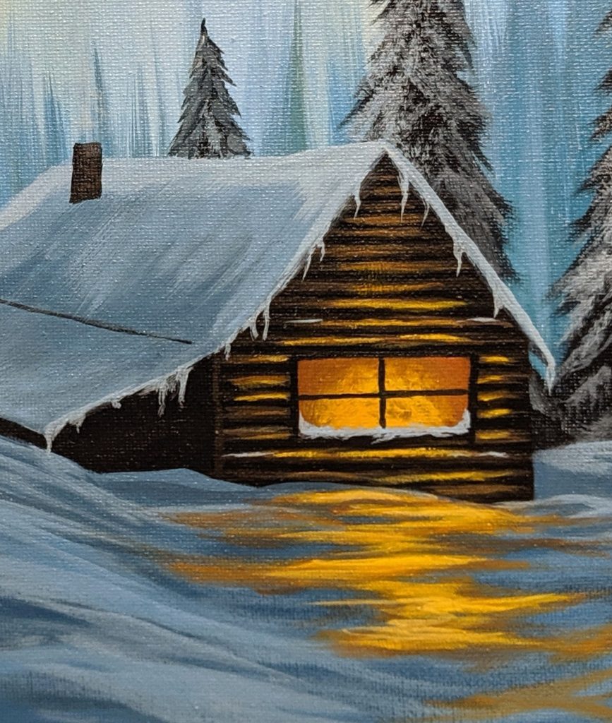 This image has an empty alt attribute; its file name is Close-up-of-glowing-window-on-Snowy-Cabin-painting-tutorial-for-beginners-867x1024.jpg