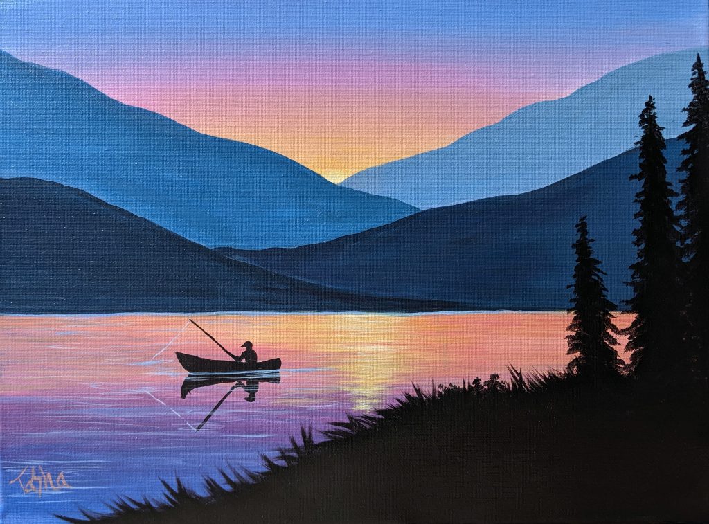 Sunset Fisherman On The Lake Painting Tutorial Template