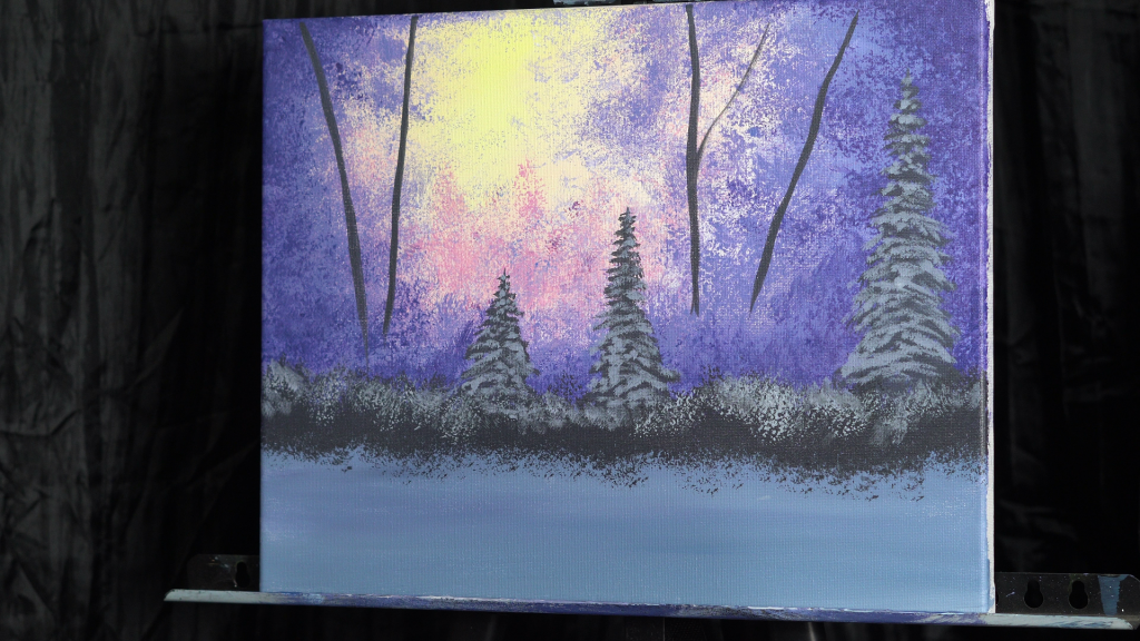 adding snow highlights to pine trees, winter landscape acrylic painting tutorial