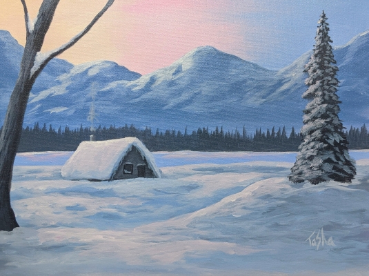Frosty Morning cabin acrylic painting tutorial