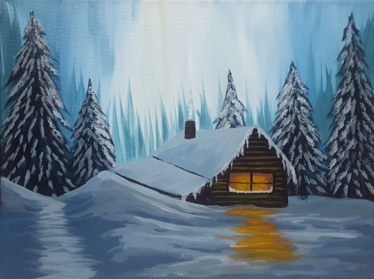 winter landscape cabin acrylic painting tutorial